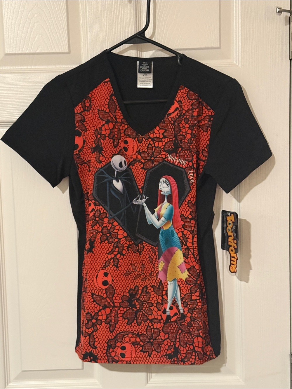 The Nightmare Before Christmas Jack & Sally Red and Black Scrub Top